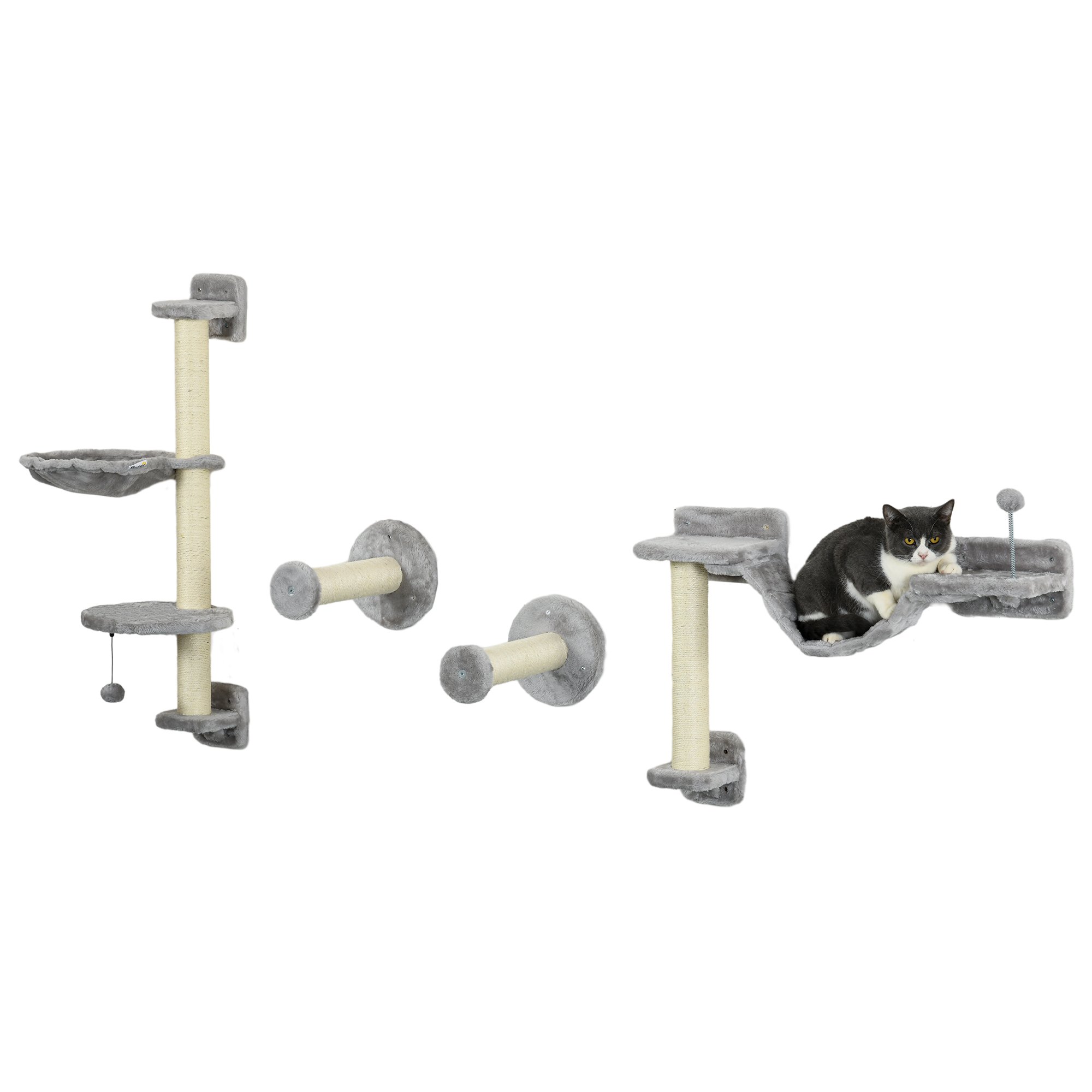 PawHut Estante de Escalada para Gatos de Pared Juego de Estantes para Gatos 4 Piezas con Hamaca Bola Plataformas para Saltar Poste de Sisal y Escalera