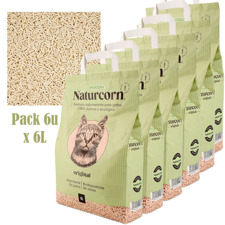 WUAPU NATURCORN ORIGINAL Sustrato en pelets para gato, caja 6 x 6L (18kg)