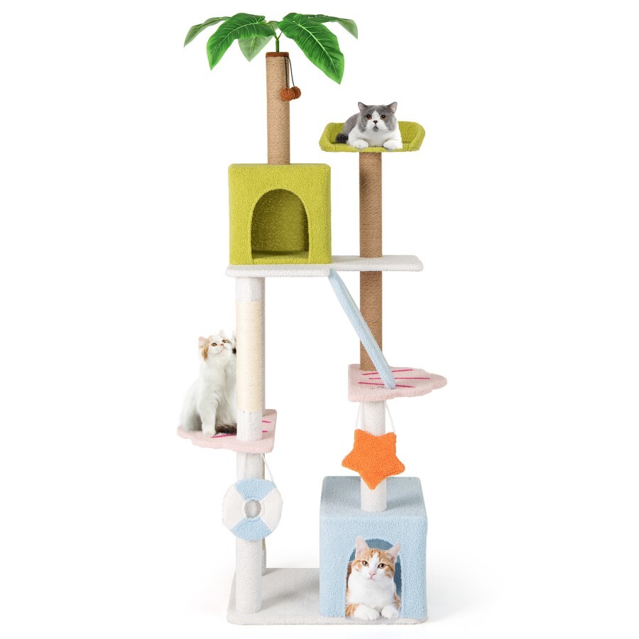 COSTWAY Árbol para Gatos de 180 cm, Torre Multinivel Estética de Playa para Gatitos con 2 Condos, Postes de Rascado, Planta Artificial, Juguetes