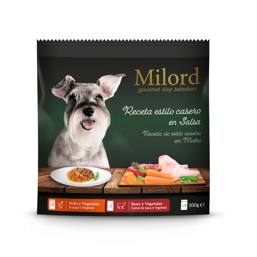 4 sobres x 100 g Milord Estilo Casero en Salsa Buey y Pollo Sobres para perros