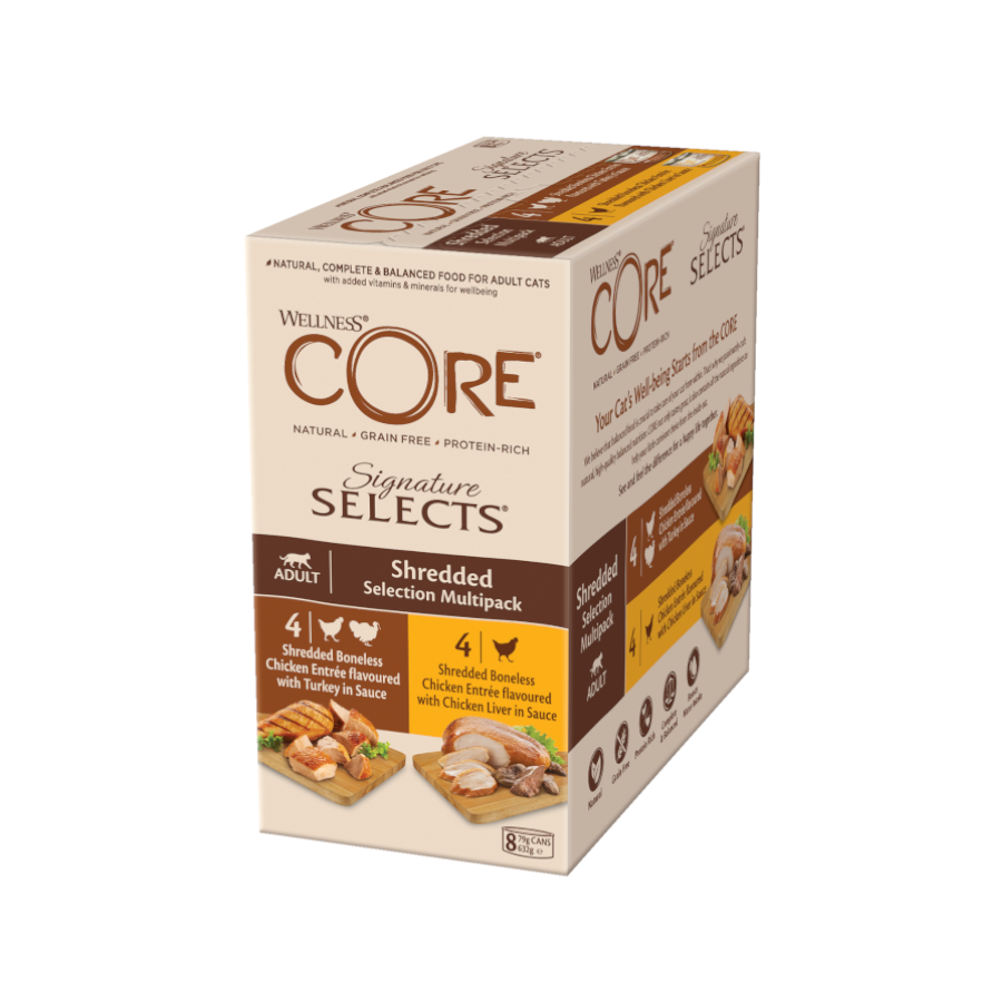 8 latas x 79 g Wellness Core Shredded Selection lata para gatos
