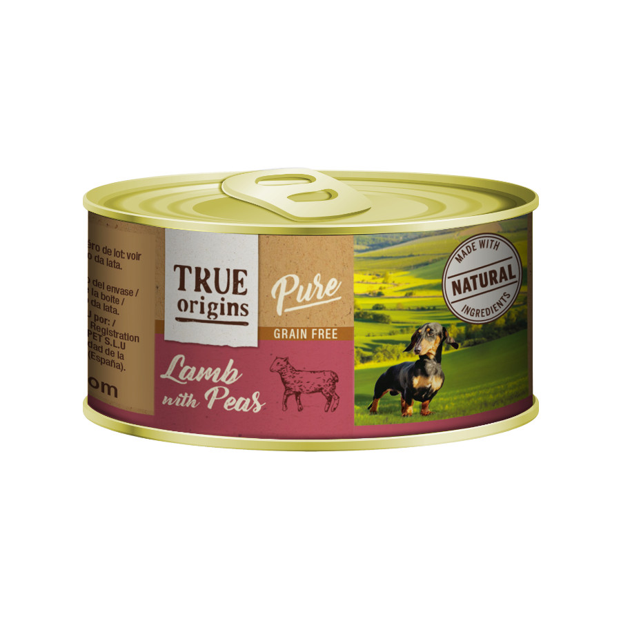 12 latas x 185 g True Origins Pure Cordero con Guisantes lata para perros ¡Pack ahorro!