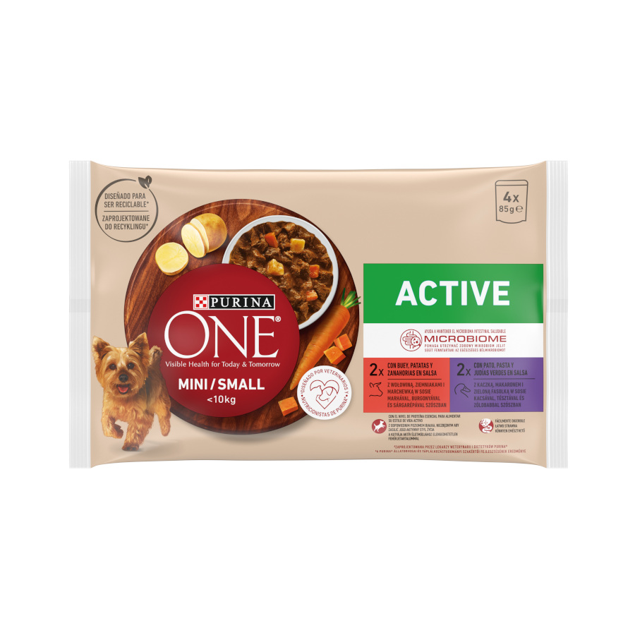 4 sobres x 85 g One Adult Mini Small Active  Buey y Pato en Salsa sobre para perros