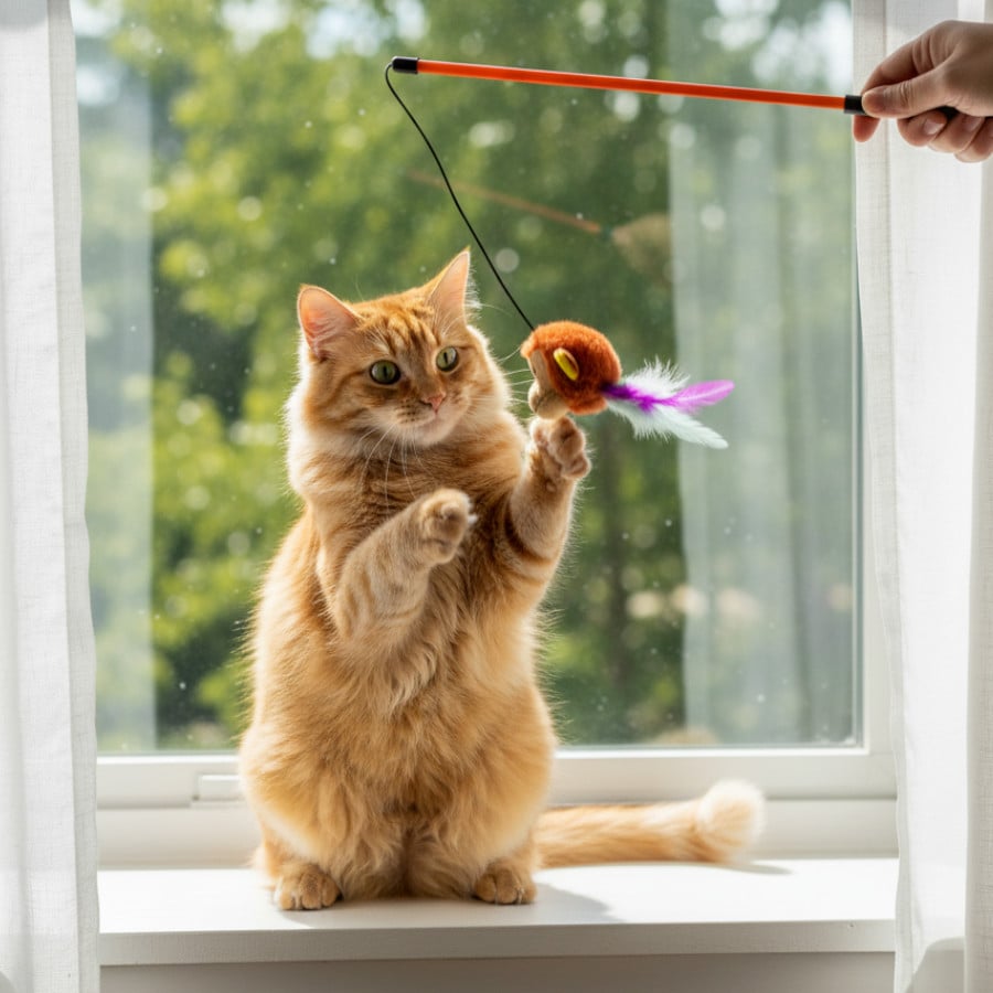 Tootoy! Caña Interactiva con Peluche de Mono y Plumas para gatos