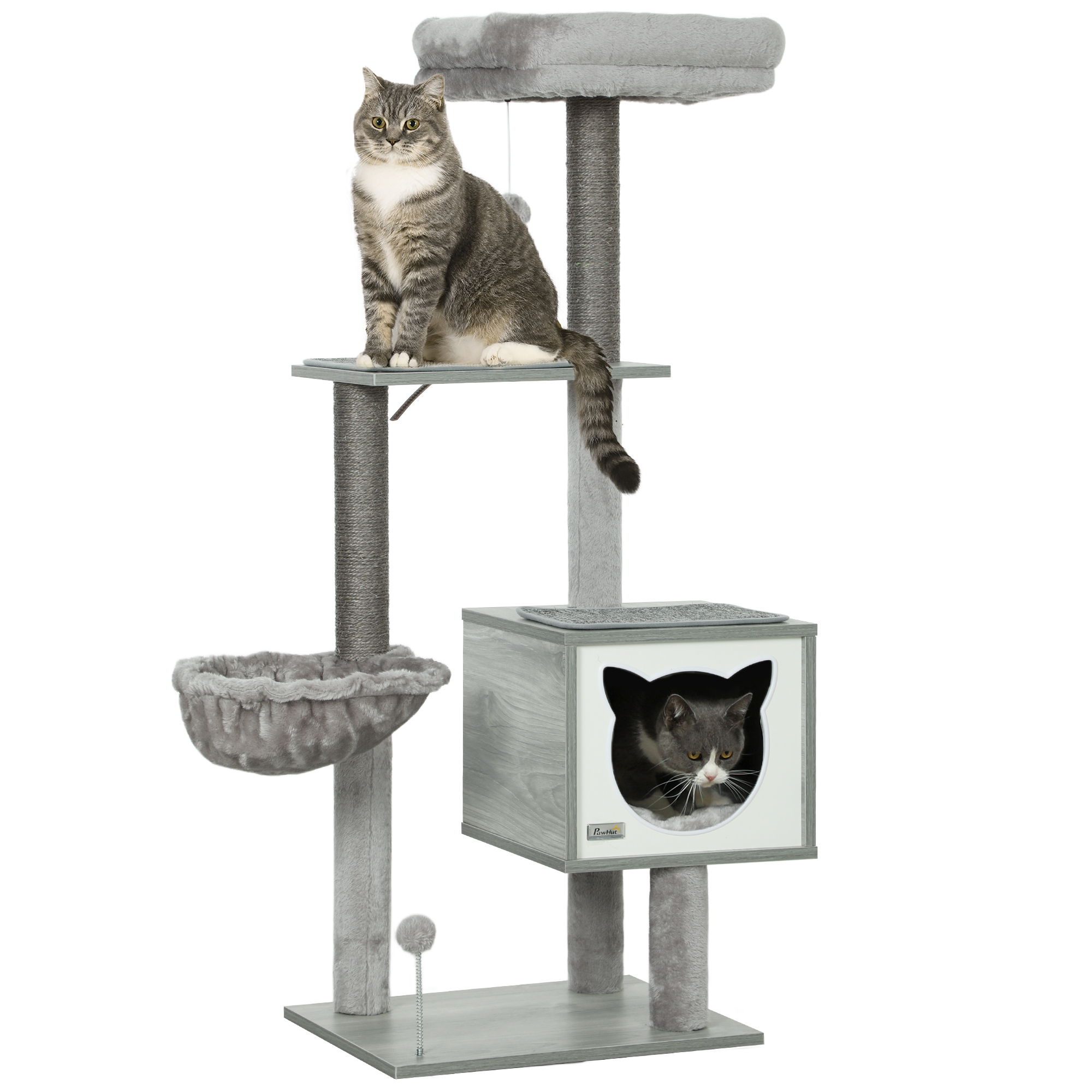 PawHut Árbol Rascador para Gatos, Árbol para Gatos 126 cm, Torre Escalador con Plataformas, Hamaca, Cueva, Cama, Postes de Sisal, Bolas y Cojines