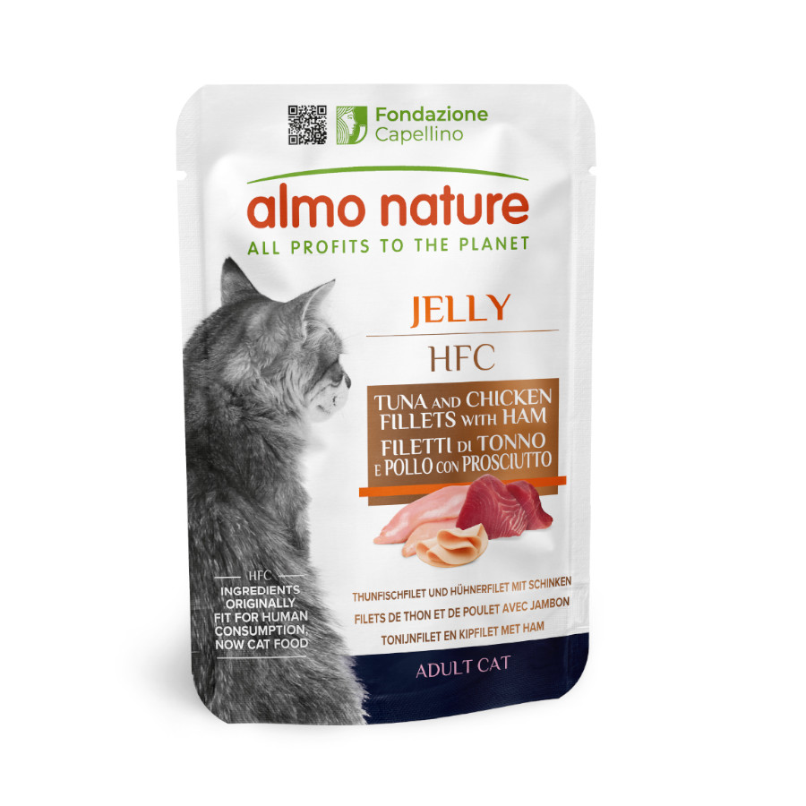 12 sobres x 55 g Almo Nature HFC Atún y Pollo en Gelatina sobre para gatos ¡Pack Ahorro!