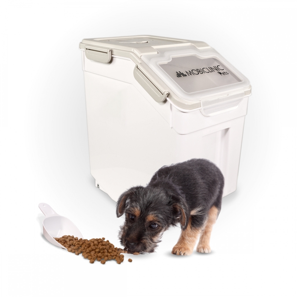 Contenedor de pienso | Blanco | 20 litros | Cierre hermético | Con ruedas | Incluye pala y medidor | FeedPet | Mobiclinic