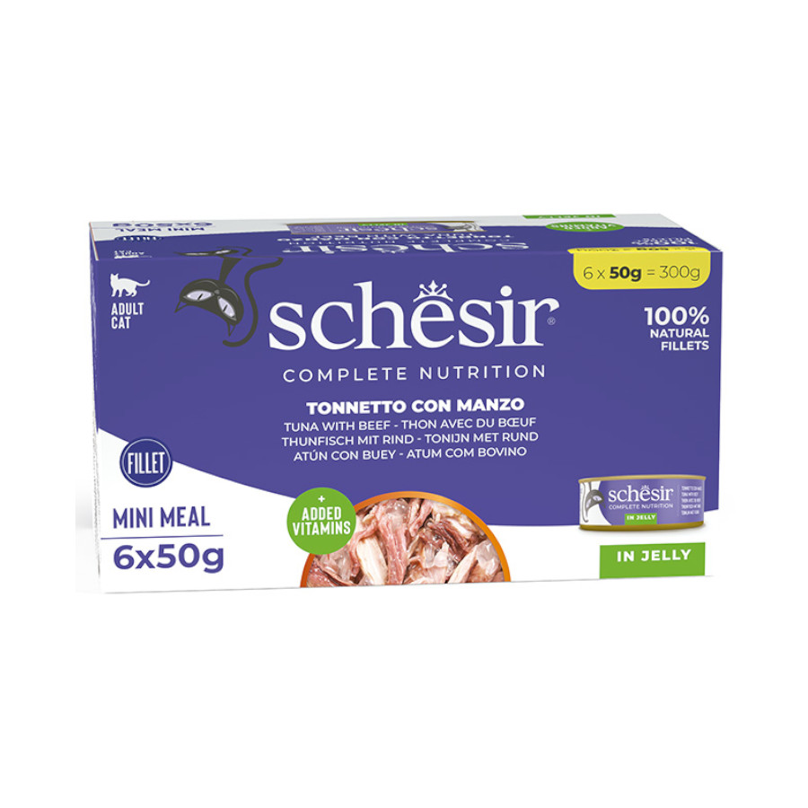 12 latas x 50 g Schesir Nature Atún y Filete de Buey en Gelatina lata para gatos ¡Pack ahorro!