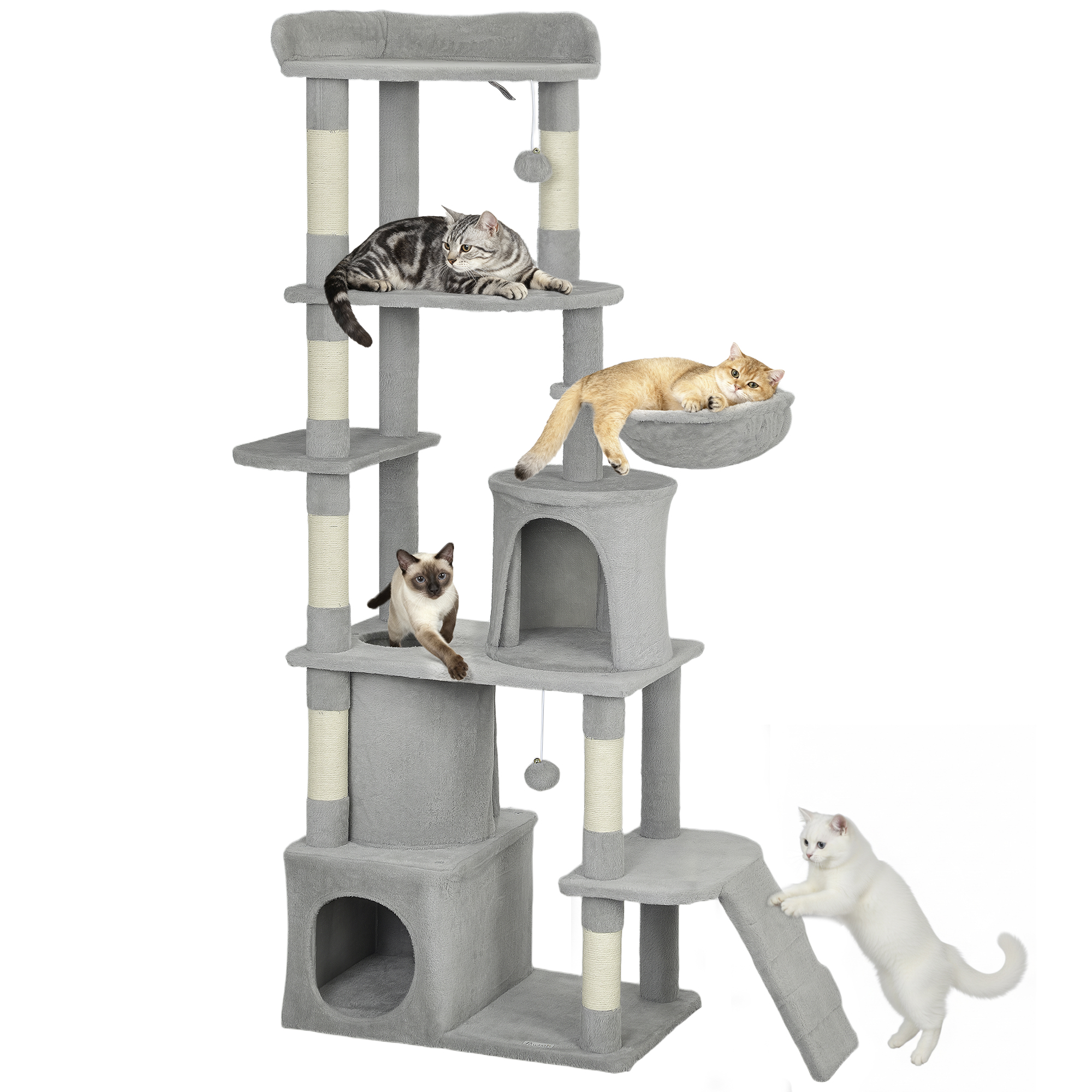 PawHut Árbol Rascador para Gatos Grande, Árbol para Gatos, Altura 170 cm, Torre de Escalada con 7 Postes, 1 Túnel, 3 Plataformas, 2 Cuevas, 1 Hamaca,