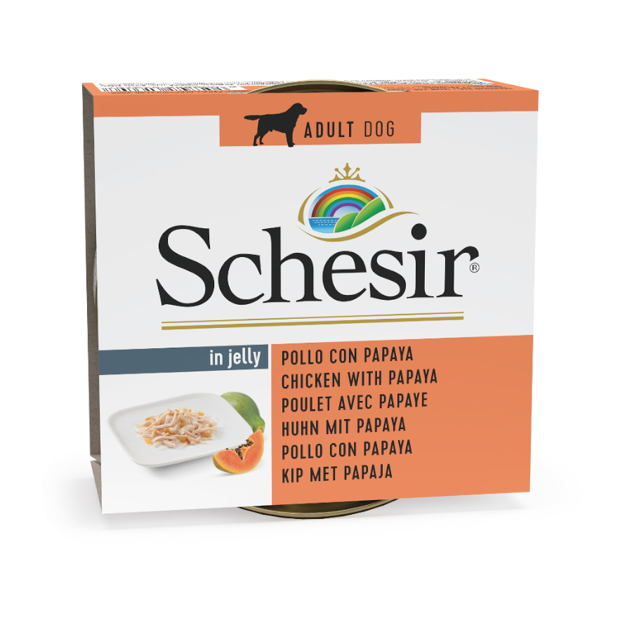12 latas x 150 g Schesir Pollo y Papaya en Gelatina lata para perros ¡Pack ahorro!