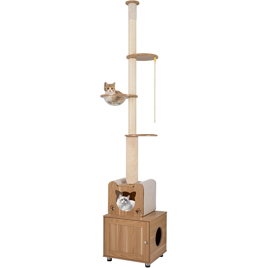 COSTWAY Árbol de Gato de Piso a Techo para Gatos de Interior, 256-275 cm Altura Ajustable, Torre Rascador Gato con Caja de Arena, Cápsula Espacial,