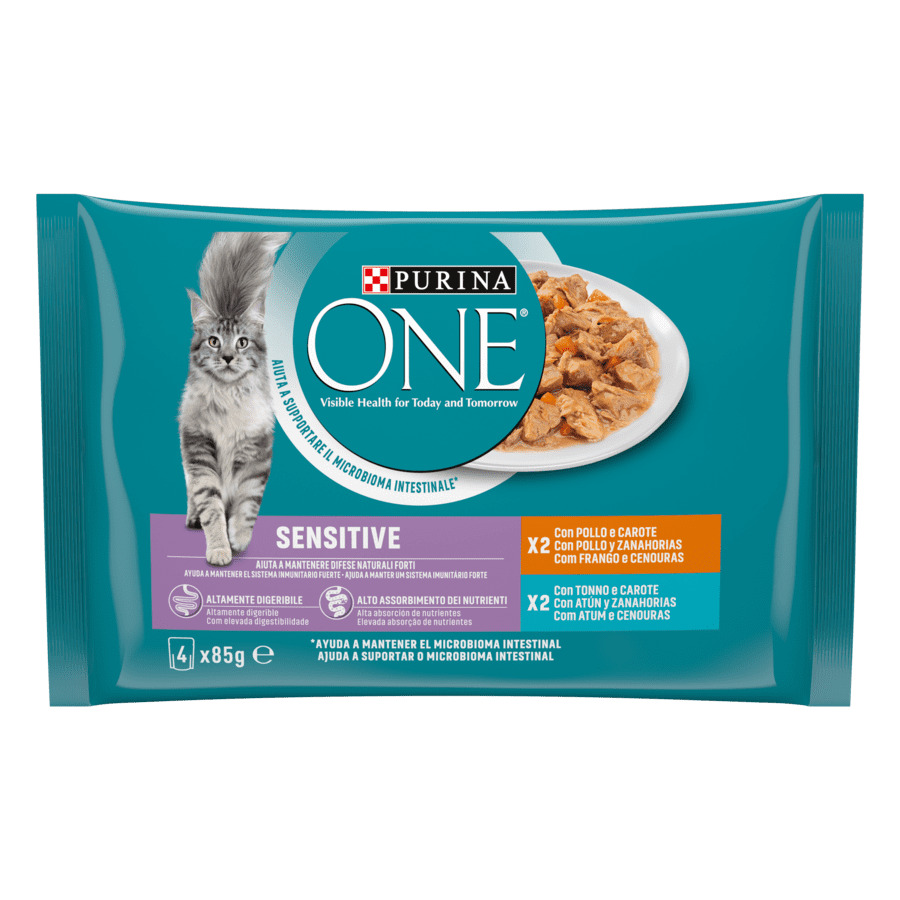 4 sobres x 85 g Purina One Wet Sensitive Sobre en salsa para gatos