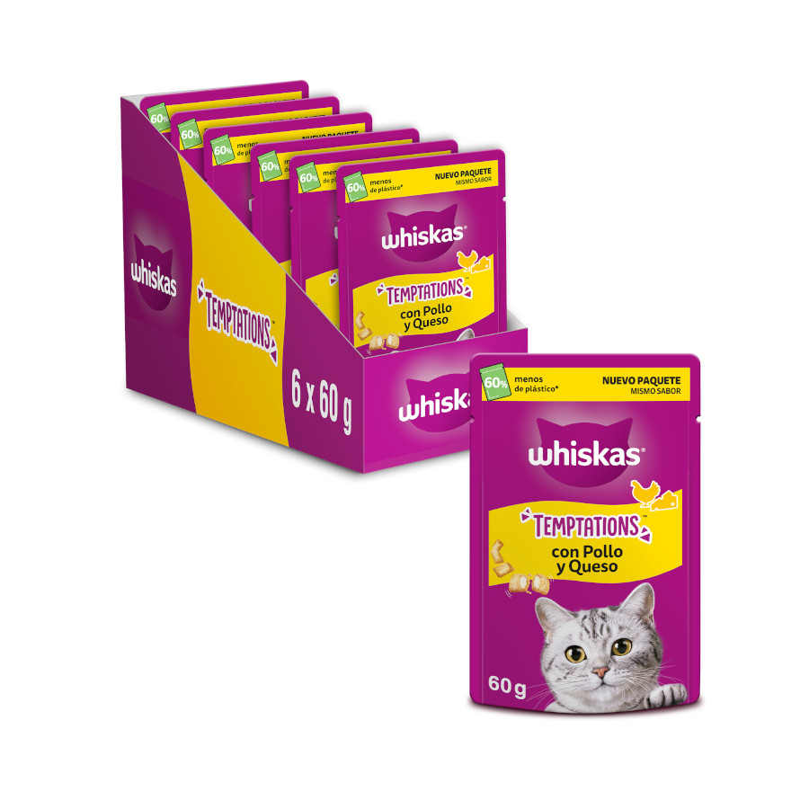 6 bolsitas x 60 g Whiskas Temptations Snacks Pollo y Queso para Gatos