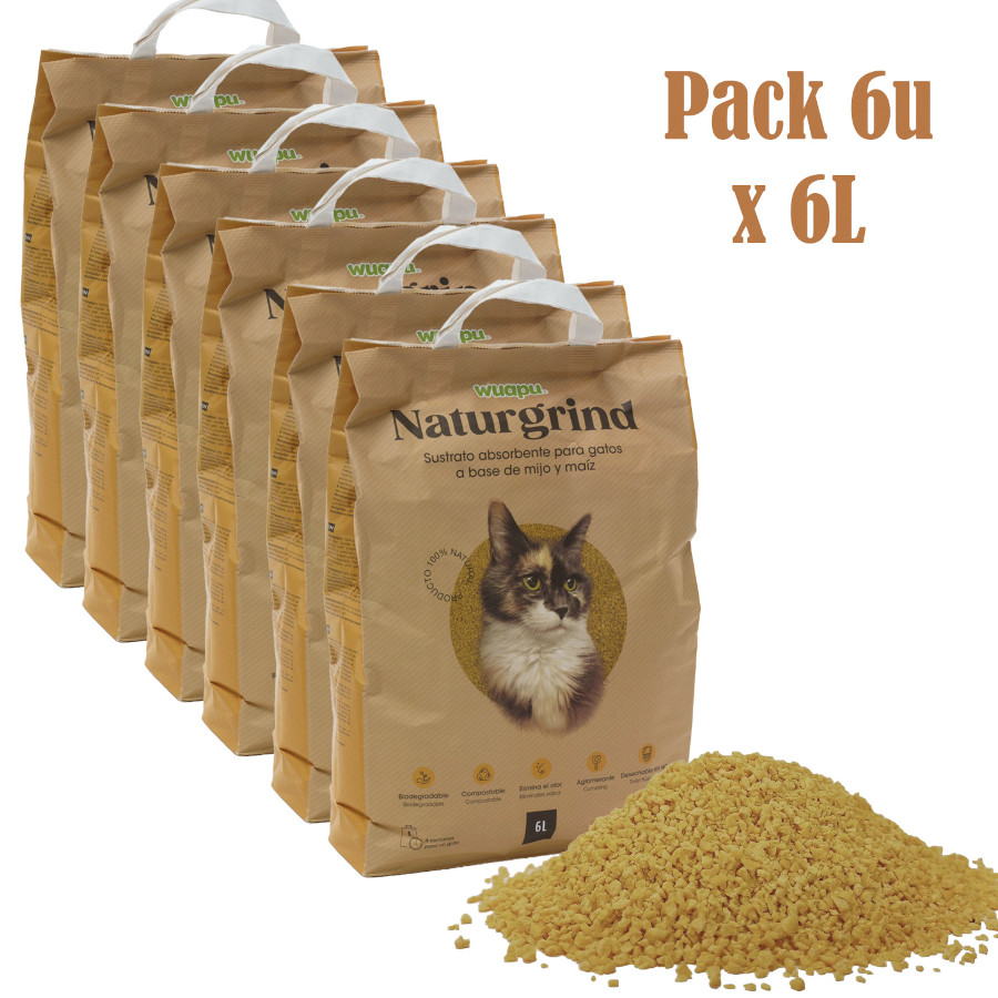 WUAPU NATURGRIND Sustrato Biodegradable para gato, caja 6 x 6L (18kg)
