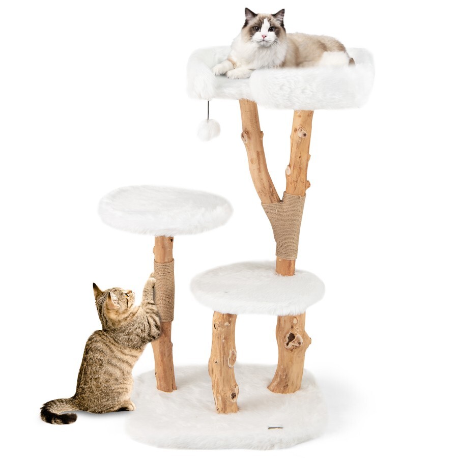 COSTWAY Árbol para Gatos de Madera Maciza, Torre de Gato Moderna de 110 cm con Plataforma, Postes Rascadores de Yute Natural, Bola Colgante, Mueble