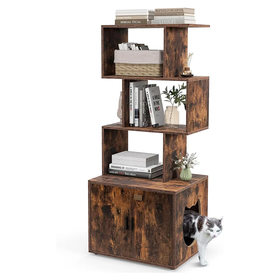 COSTWAY 2 en 1 Caja de Arena para Gatos, Mueble de Baño Oculto para Gatos con 3 Estantes Abiertos de Almacenaje, con Kit Antivuelco y Almohadilla