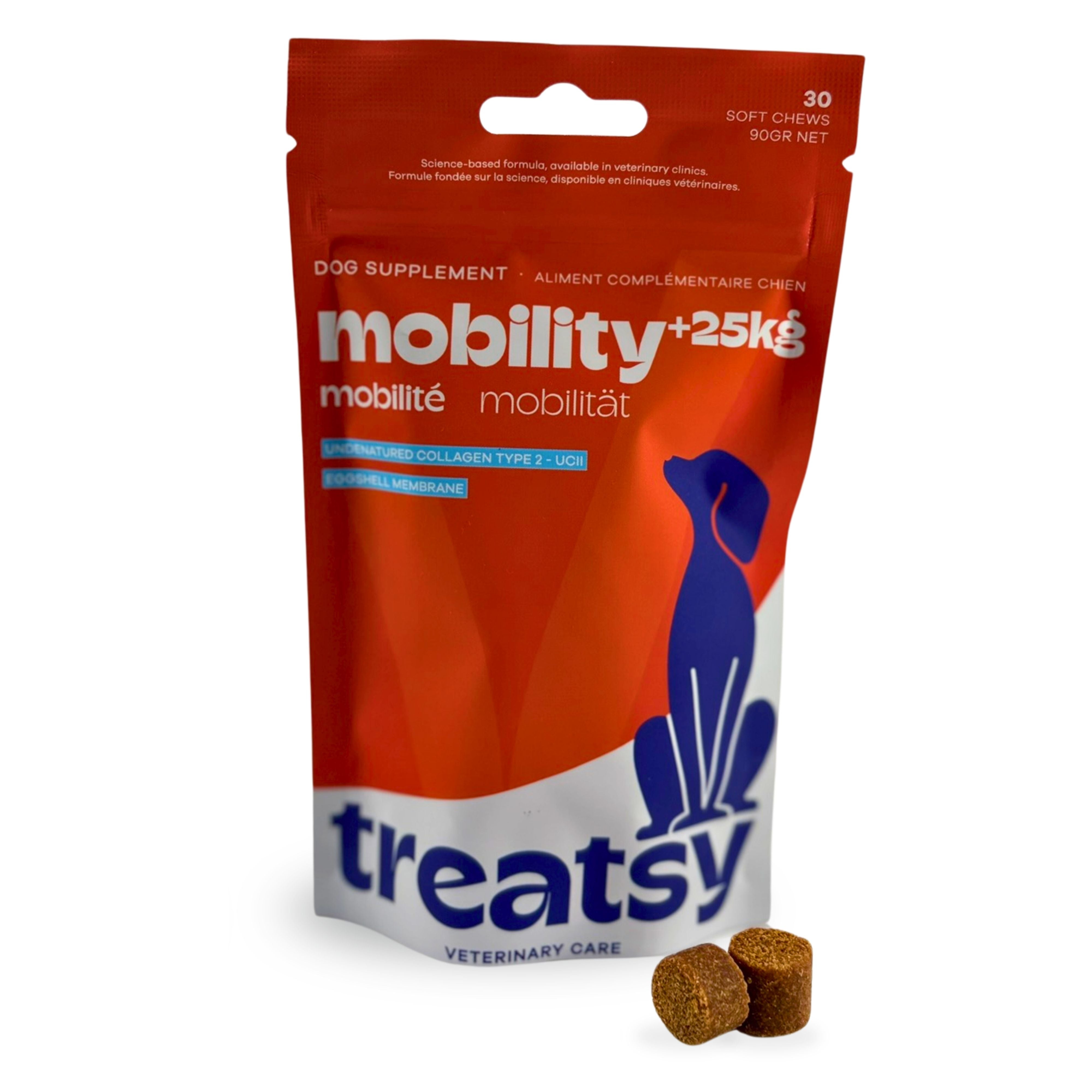 Treatsy Movilidad Perro +25kg – Complemento Veterinario Articulaciones Razas Grandes – Colágeno Tipo II UC-II, Membrana de Cáscara de Huevo – 30