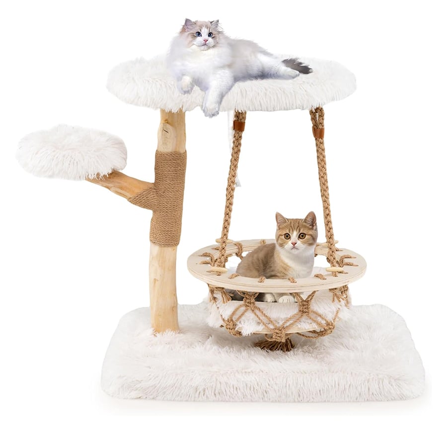 COSTWAY Árbol Rascador para Gatos Moderno, Marco de Madera Peral, 66 cm Torre para Gatitos con Cuna Colgante, Arbol Gatos con Plataforma Acolchada,