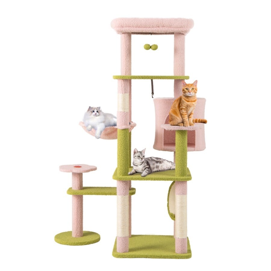 COSTWAY Árbol para Gatos de 148 cm, Torre Multinivel Estética Floral para Gatos con Percha, Condo, Hamaca, Postes y Tablero de Rascado de Sisal, Bolas