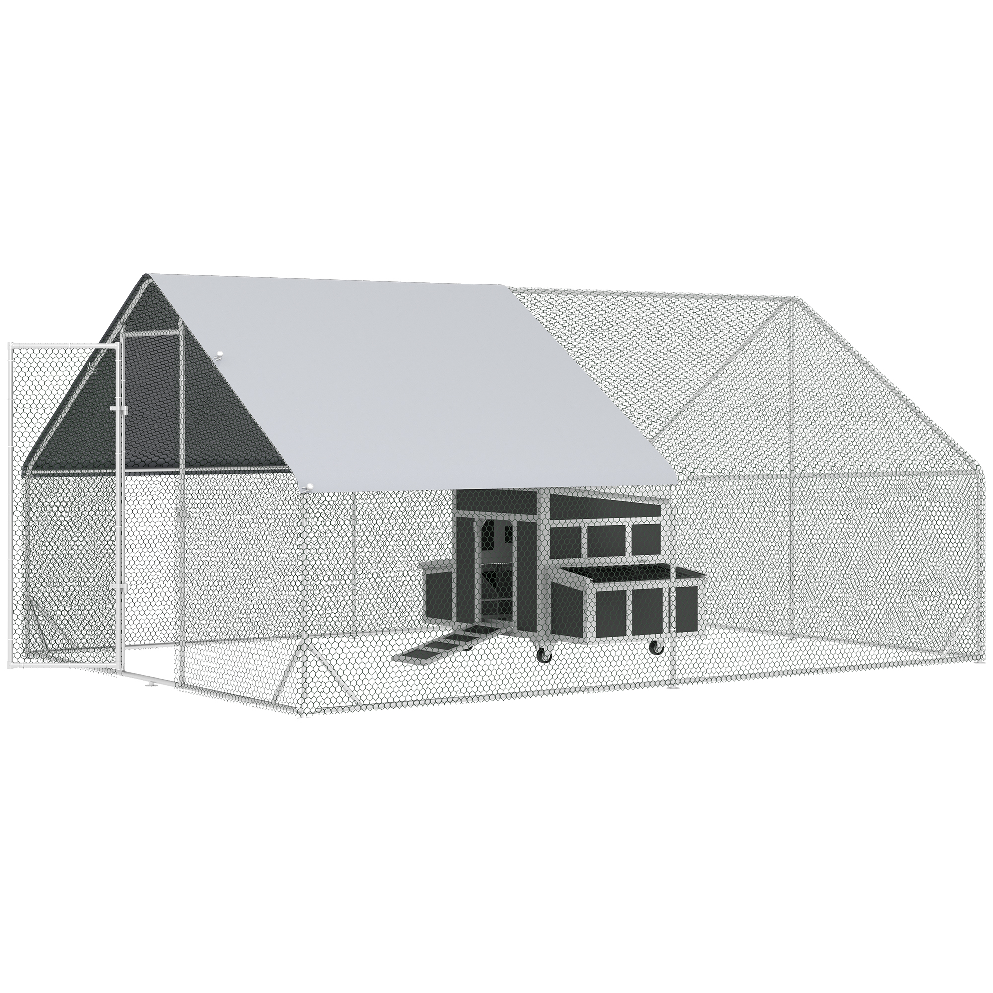 PawHut Conjunto de 1 Gallinero de Madera con Ventana Puerta Nido Bandeja Extraíble 147×93,5×89,5 cm y 1 Gallinero para Exterior Grande de Acero