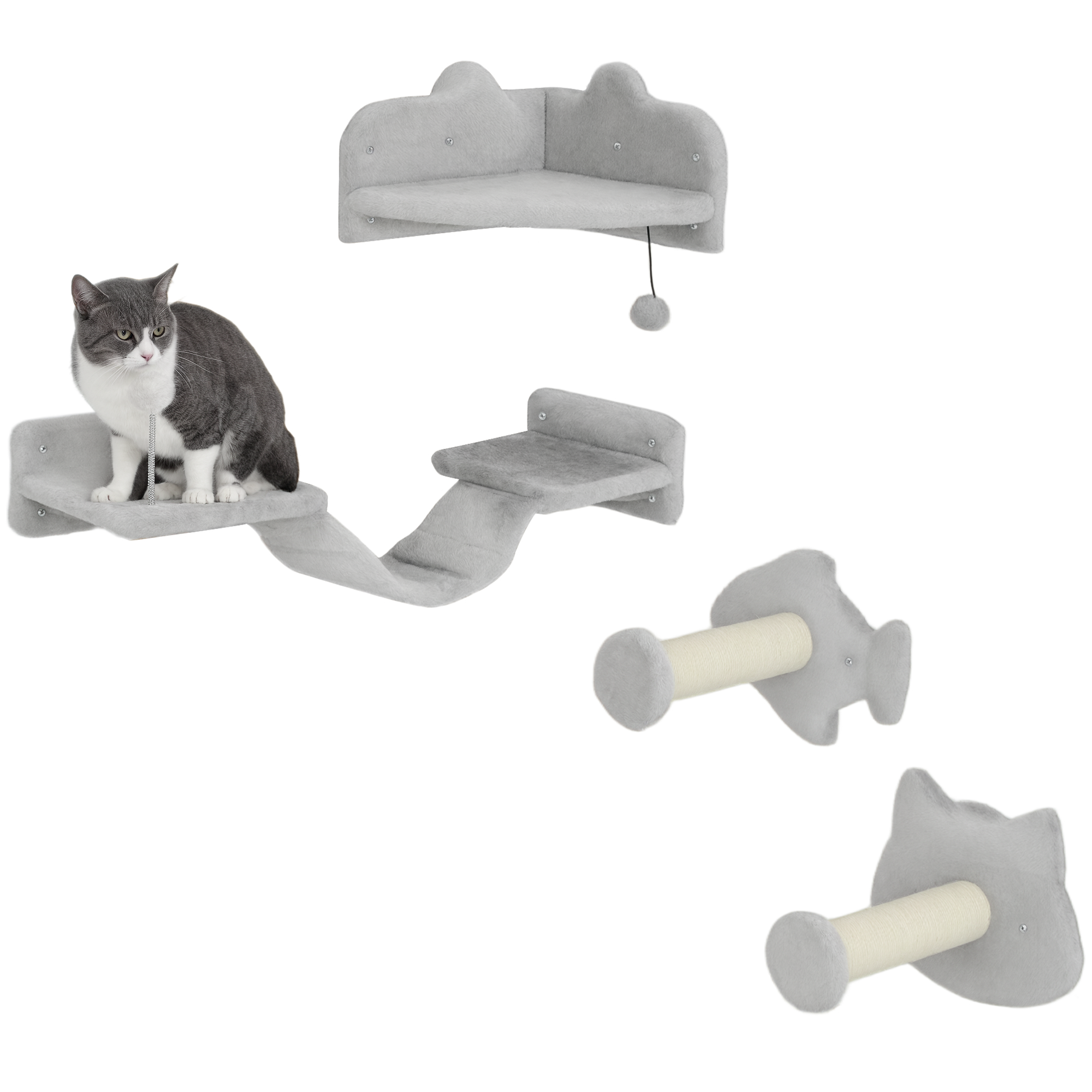 PawHut Juego de Estanterías para Gatos de 4 Piezas Rascador de Pared para Gatos con 2 Postes de Sisal Plataforma Doble con Escalera Suave y 1