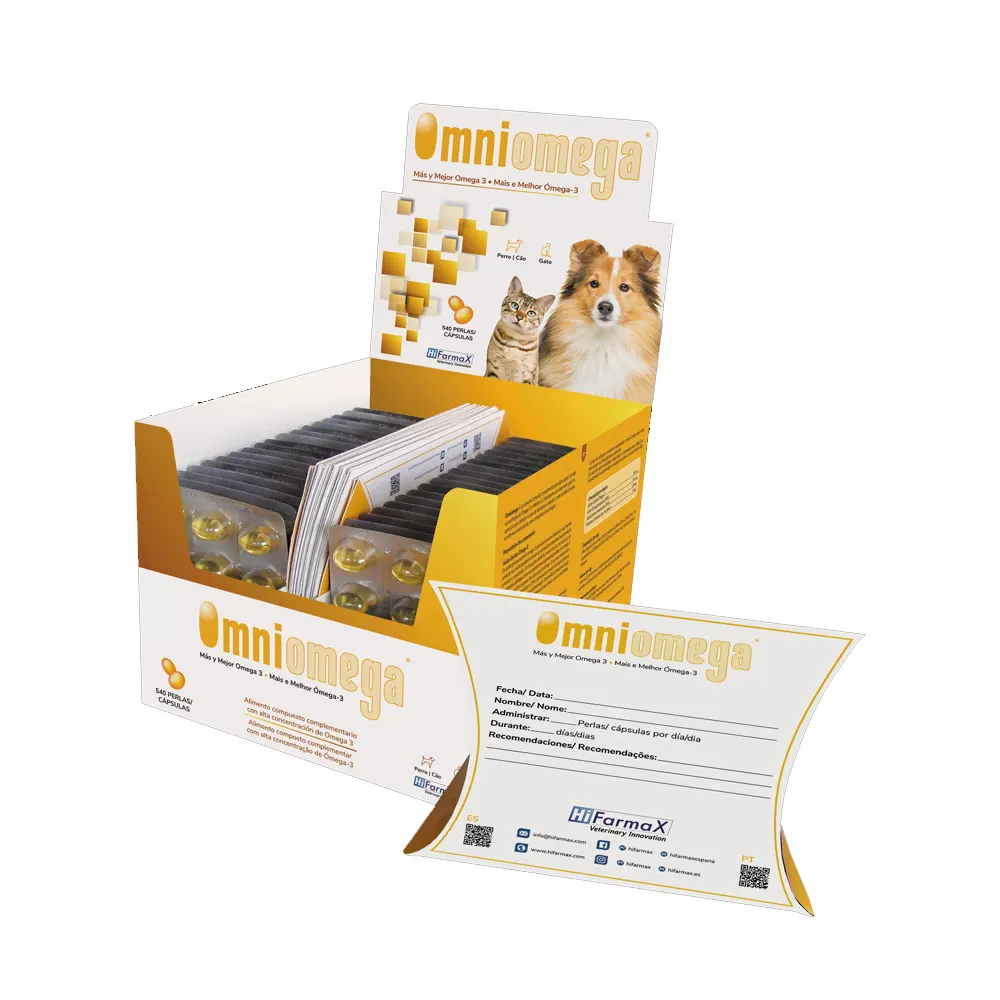 OMNIOMEGA 540 cápsulas suplemento con una alta concentración de Omega-3 y vitamina E para perros y gatos Hifarmax