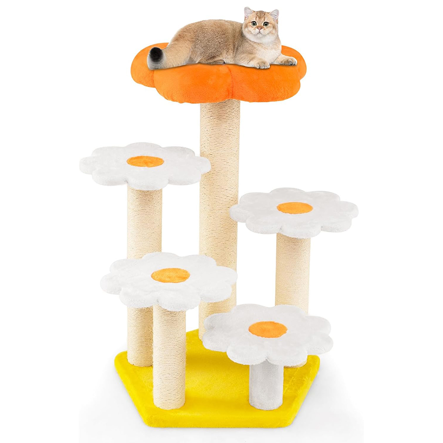 COSTWAY Árbol para Gatos en Forma de Flores, Altura 90 cm, Árbol Rascador para Gatos con Cama de Felpa, 4 Postes de Rascado de Sisal, 5 Plataformas a