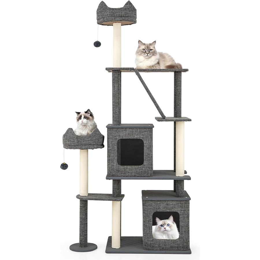 COSTWAY Rascador para Gatos, Arbol Rascador para Gatos de 4 Niveles con 4 Postes y Rampa Rascadores, Cama Superior, 2 Pelotas Colgantes y Plataformas