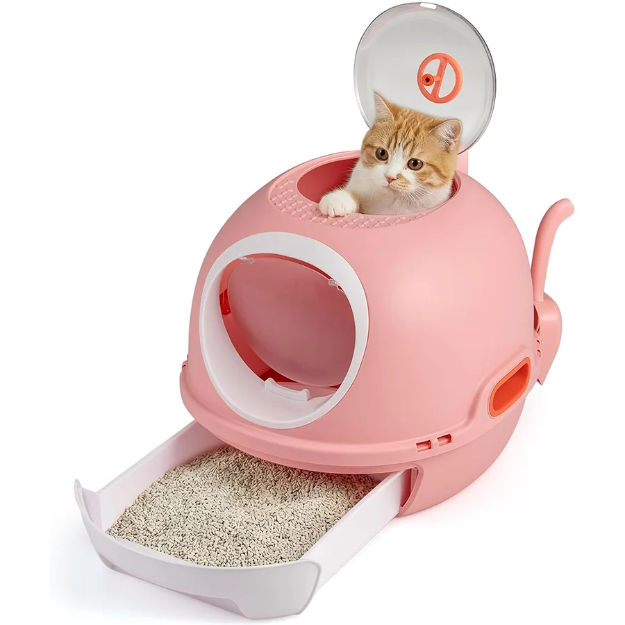 COSTWAY Arenero para Gatos Cubierto, Estilo Helicóptero, Caja de Arena Plegable para Gato con Entrada Frontal y Salida Superior, Pala, Bandeja