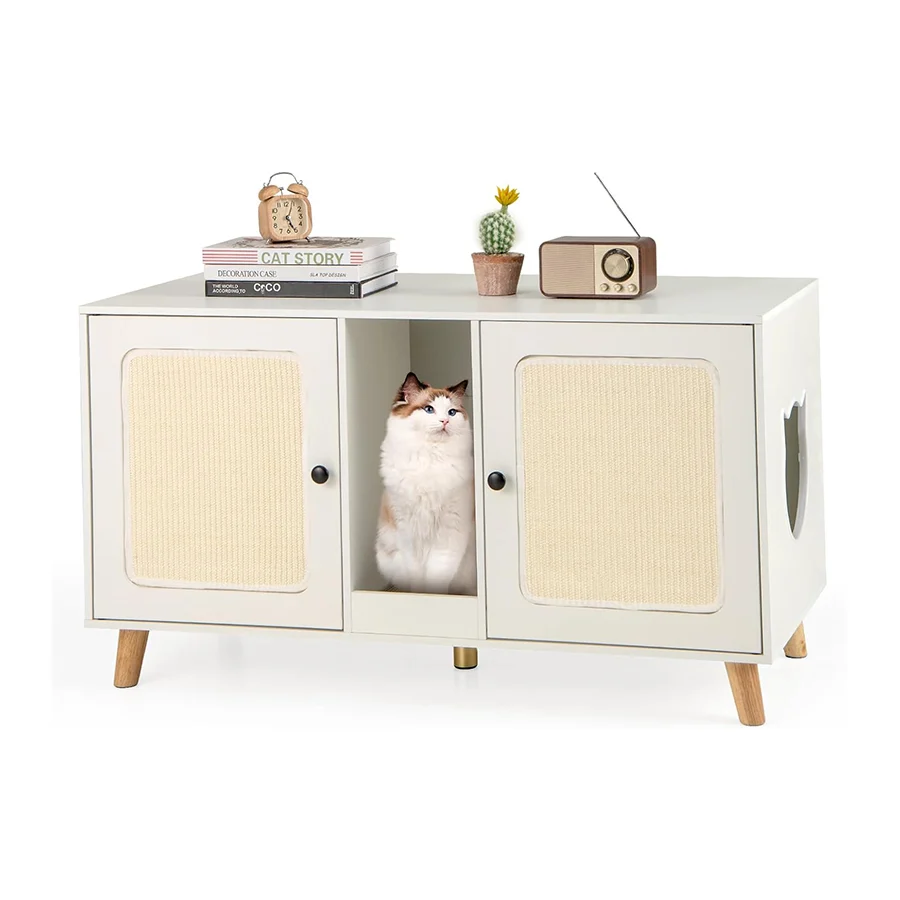 COSTWAY Mueble Arenero para Gatos, Mueble Oculto para Gatos con 2 Habitaciones, 2 Alfombrillas Rascadoras de Sisal, Tabla de Rascar, Casa de Gatos de