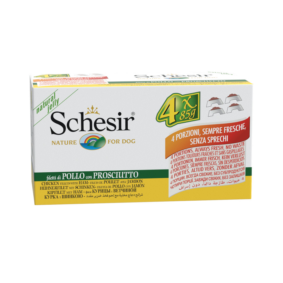 4 latas x 85 g Schesir Adult pollo con jamón lata para perros