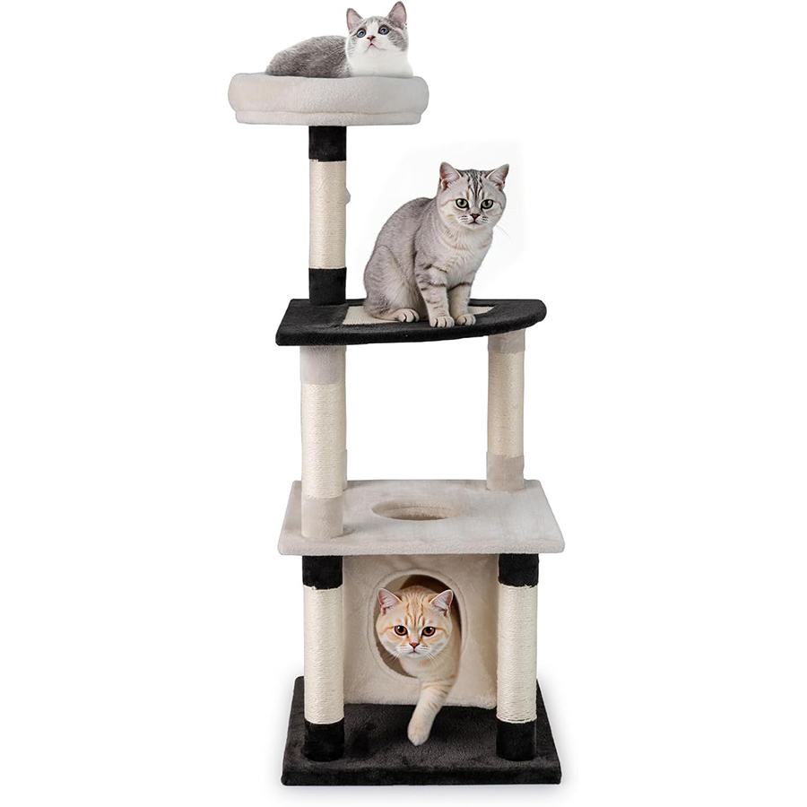 COSTWAY Árbol Rascador para Gatos Grande, 122,5 cm Torre Rascador para Gatos con Postes de Rascado de Sisal y Tablero, Plataforma Arqueada, Percha