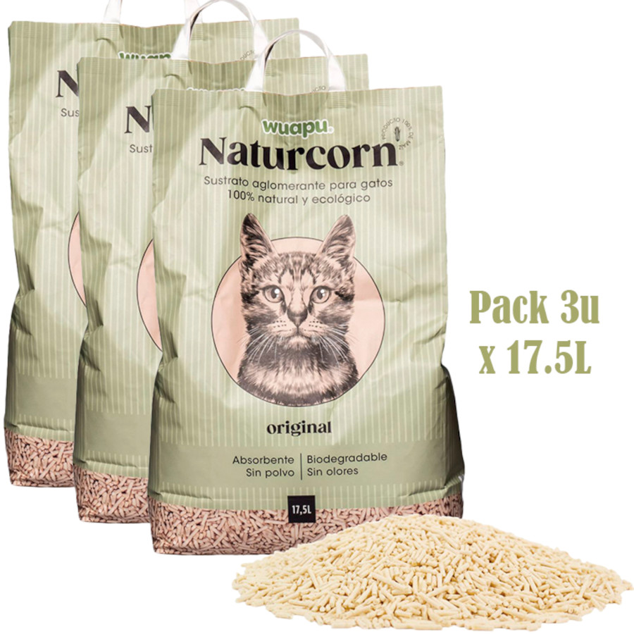 WUAPU NATURCORN ORIGINAL Sustrato en pelets para gato, caja 3 x 17’5L (22’5kg)