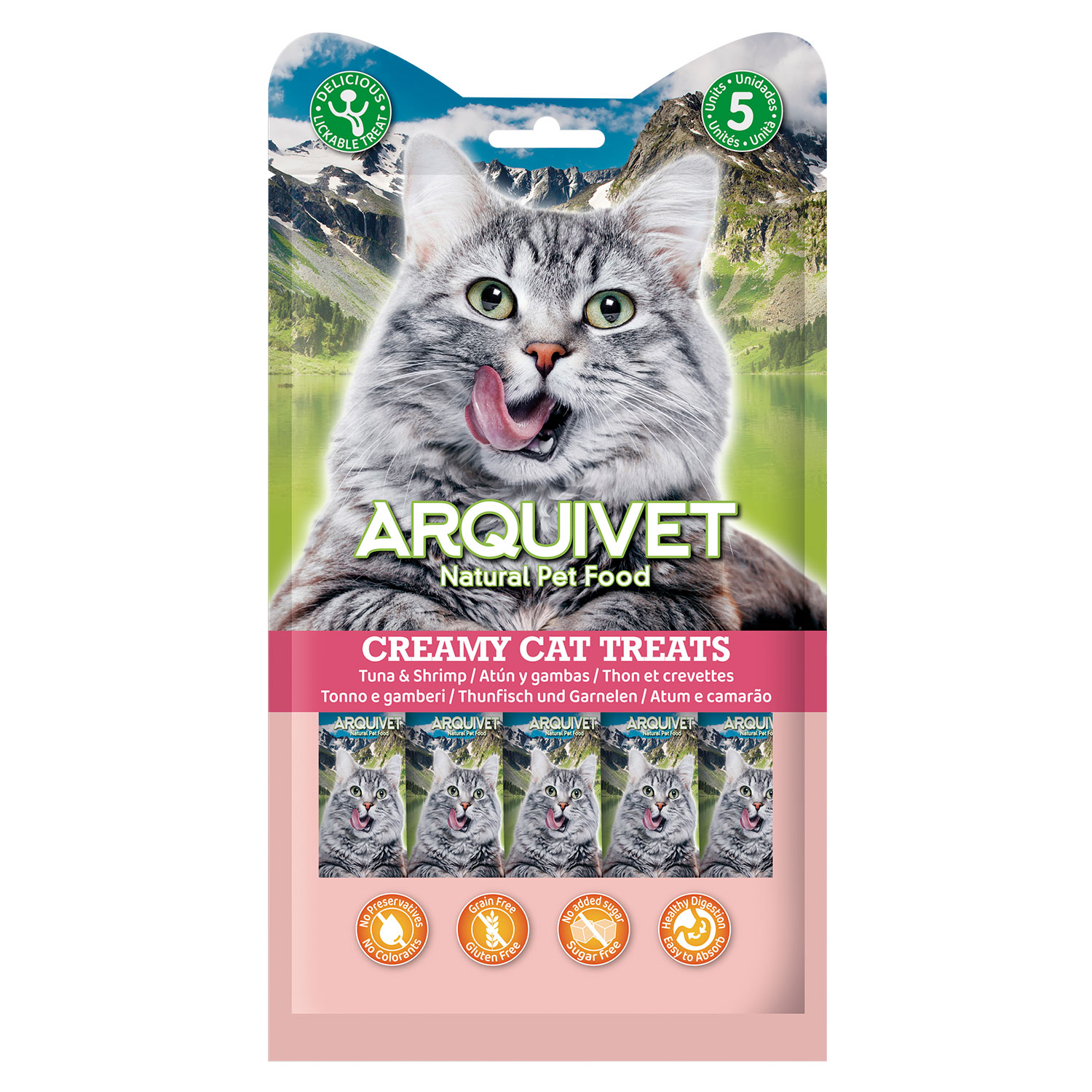 Creamy Cat Treats – Snack cremoso de atún y gambas (expositor de 12 bolsas con 5×14 g)