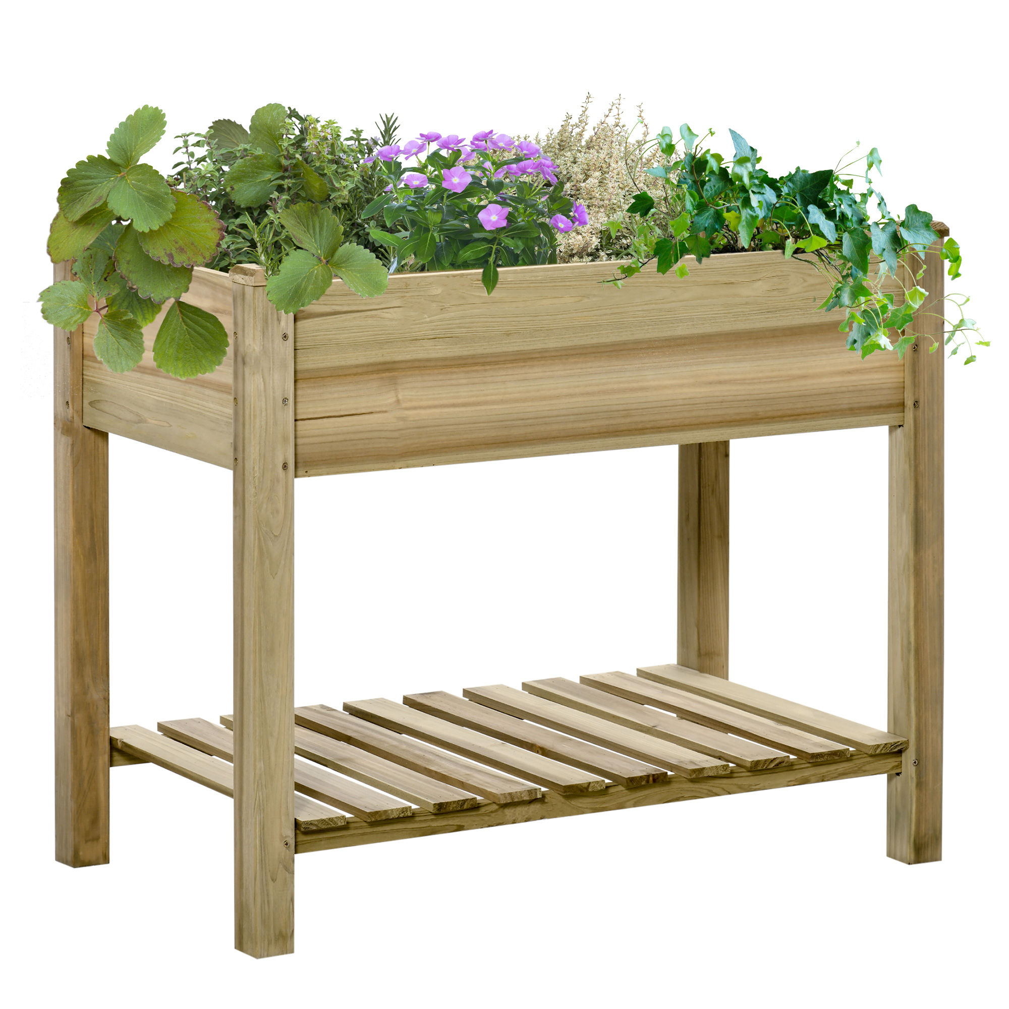 Outsunny Huerto Urbano de Madera con Estante 91x51x76 cm Mesa de Cultivo Rectangular con Orificios de Drenaje para Cultivos Plantas Jardín Terraza