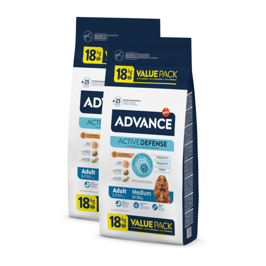 2 x 18 kg Advance Active Defense Medium Adult Pollo y Arroz pienso para perros ¡Pack ahorro!