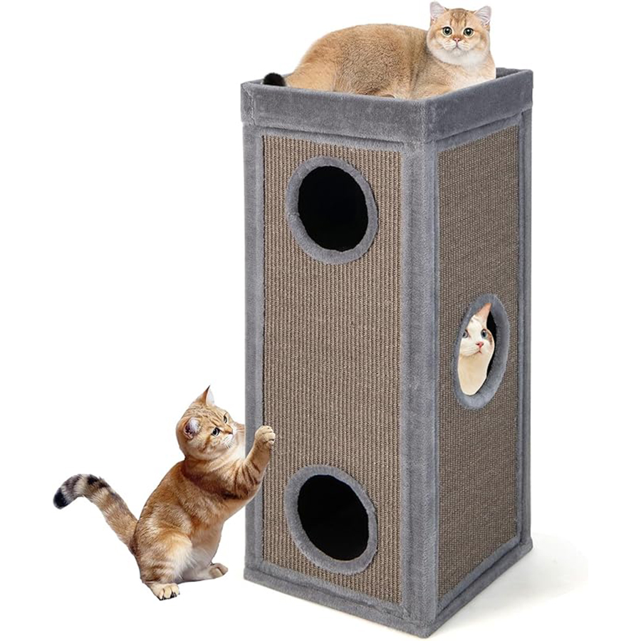 COSTWAY Casa para Gatos de 3 Pisos, Condo para Gatos en Forma de Barril con 3 Escondites y Postes Rascadores de Sisal, 4 Suaves Cojines de Felpa