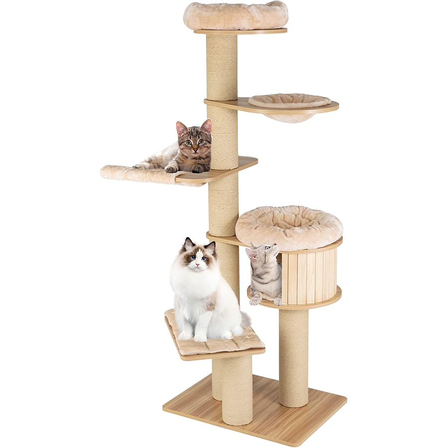 COSTWAY Rascador para Gatos, Árbol para Gatos Altura 191 cm, Condominio de Madera,Percha Espaciosa, Hamaca, Cama, Postes de Rascado y Tapetes