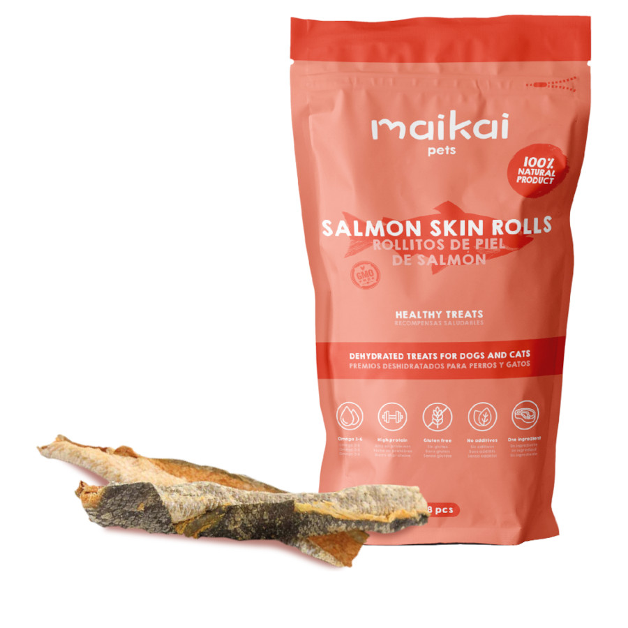 MAIKAI PETS - Snacks crujientes de Rollitos de Piel de Salmón, Chuches Naturales Deshidratadas para Perros y Gatos, 8 Unidades