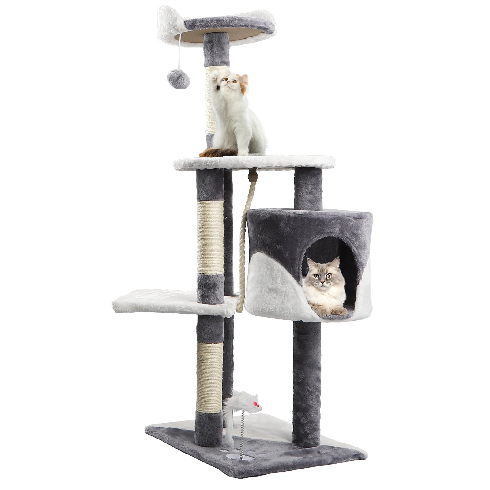 Nobleza Rascador para gatos, Altura 118.5 cm, Árbol Estable para Gatos, 4 Plataformas, 1 Cueva, 1 Pompón, 1 Peluche, Gris