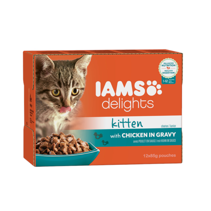 12 sobres x 85 g IAMS Delights Pollo en salsa sobre para gatitos
