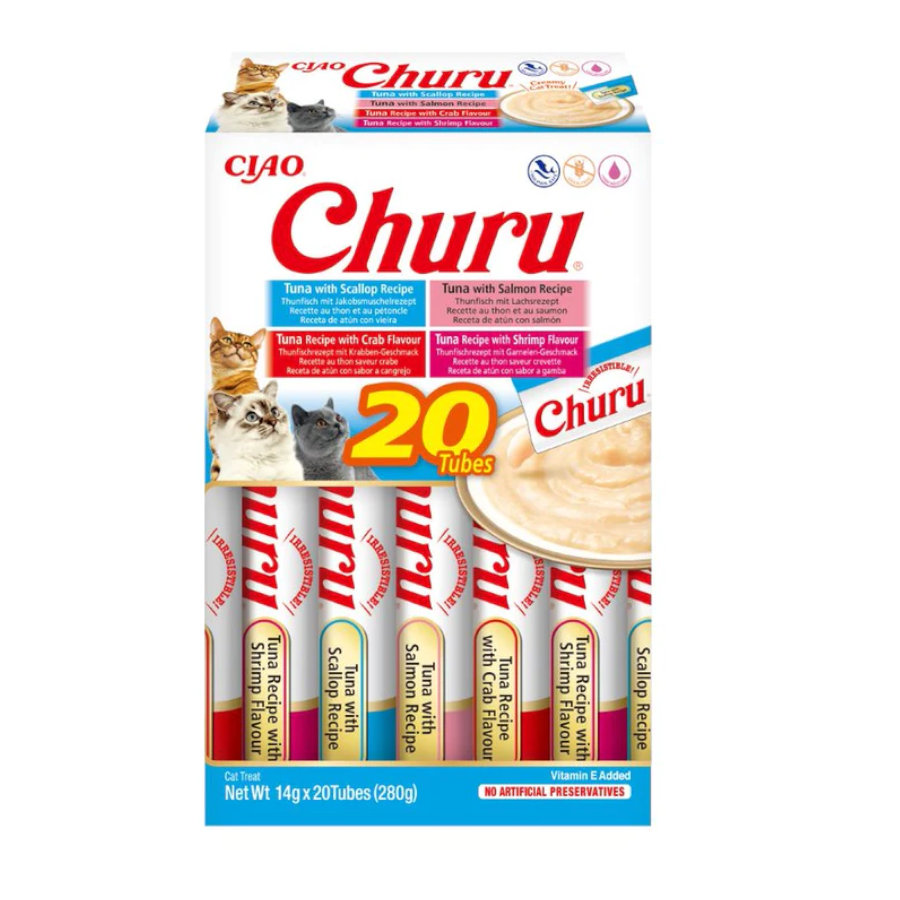 Churu – Snack para gatos adultos Churu variedades de atún con marisco 20 x 14 g.
