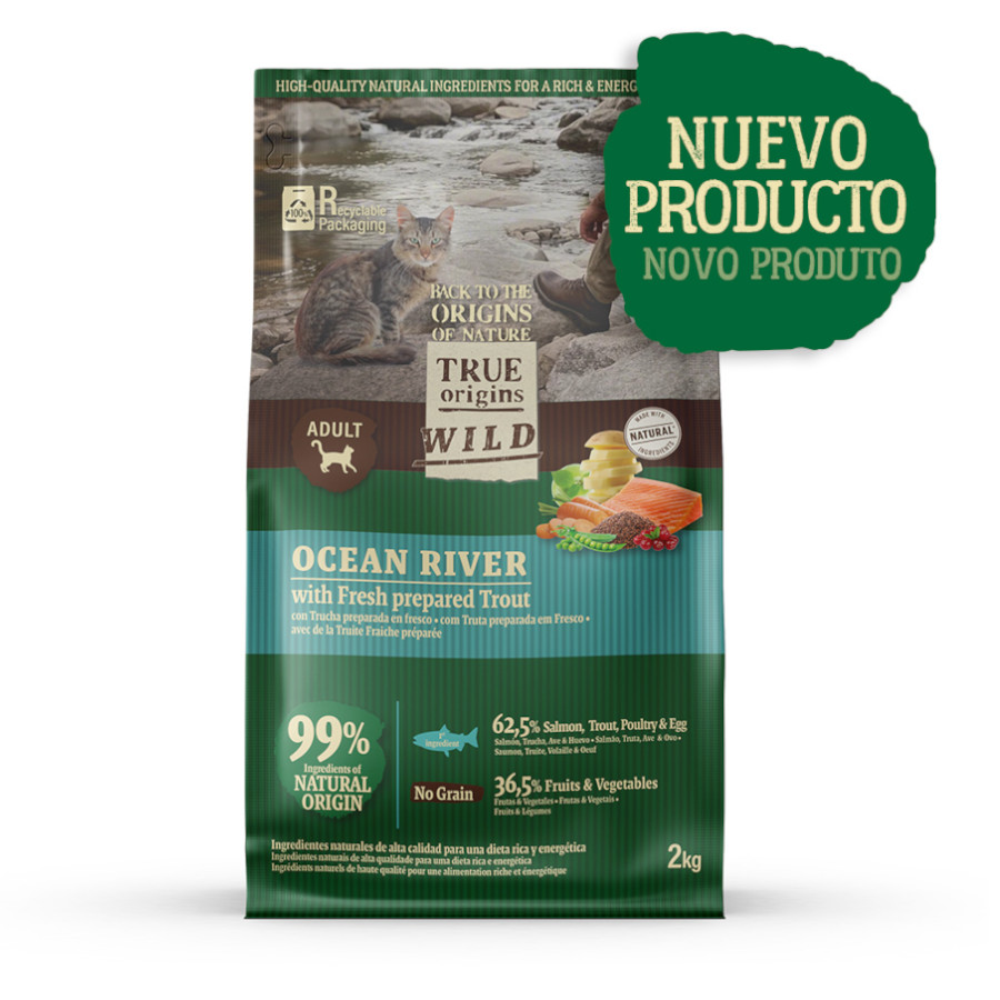 2 kg True Origins Wild Ocean River Salmón y Trucha pienso para gatos
