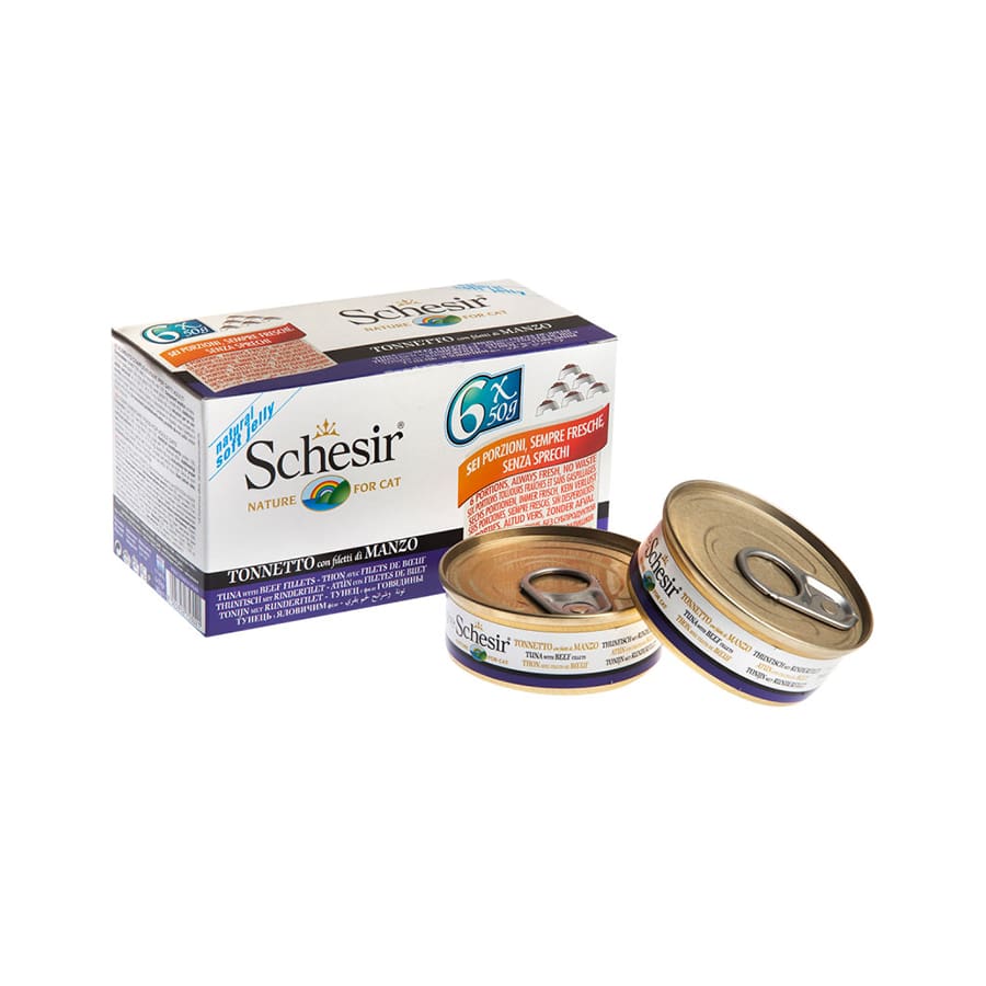 12 latas x 50 g Schesir Nature Atún y Gambas en Gelatina lata para gatos ¡Pack ahorro!