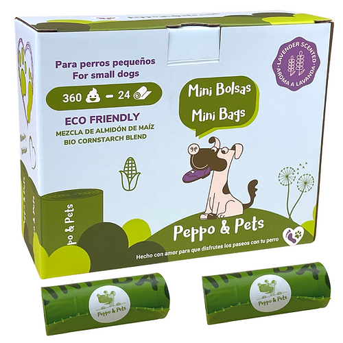 Peppo and Pets- 360 MINI Bolsas biobasadas para recoger cacas de perro pequeñas-Muy resistentes-Aroma a lavanda