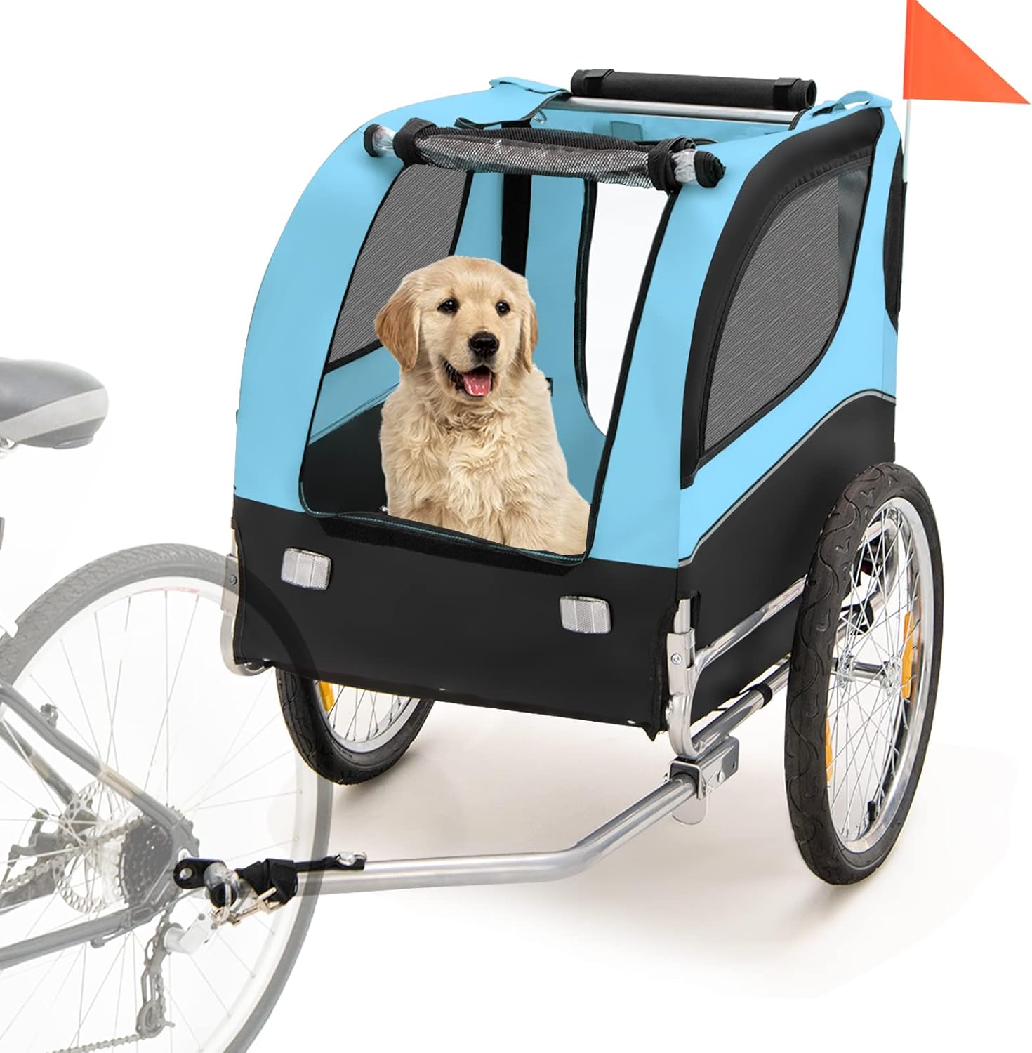 COSTWAY Remolque de Bicicleta para Mascotas, Remolque Bicicleta Perros Pequeños y Medianos con Ruedas, Transportador de 2 Puertas con Techo Solar,