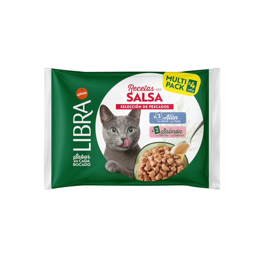 4 sobres x 85 g  Libra Salmón y Atún Sobres en Salsa para gatos