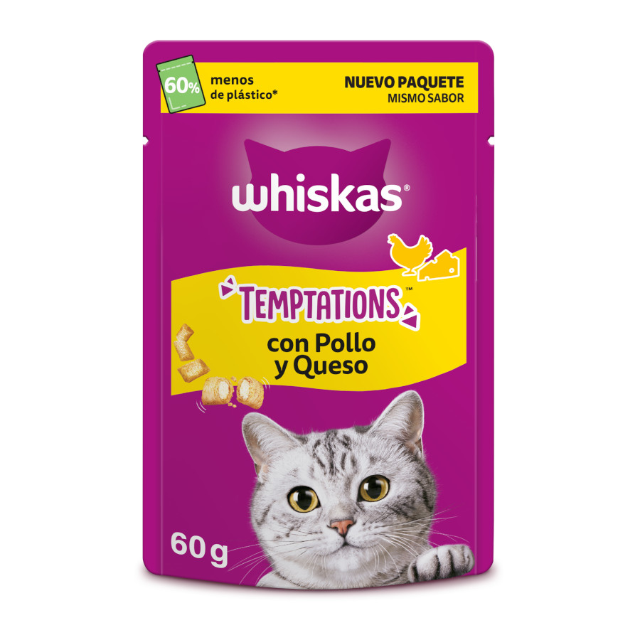 60 g Whiskas Temptations Snacks Pollo y Queso para Gatos