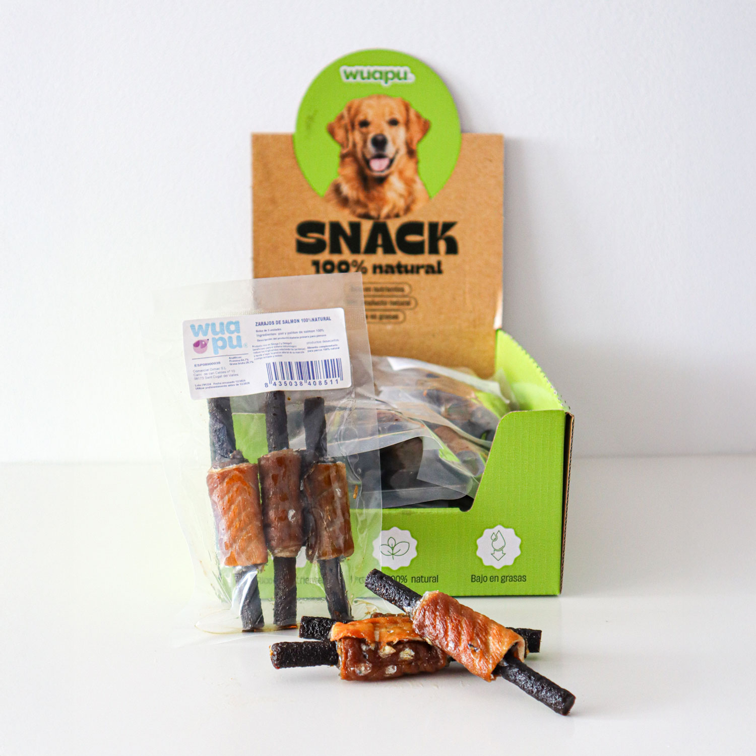 SNACK NATURAL PARA PERRO BROCHETA DE SALMON 3u x 15 BOLSAS WUAPU