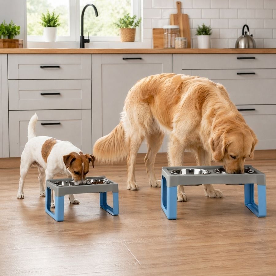 Leeby Comedero Doble de Acero Inoxidable Color Azul para perros